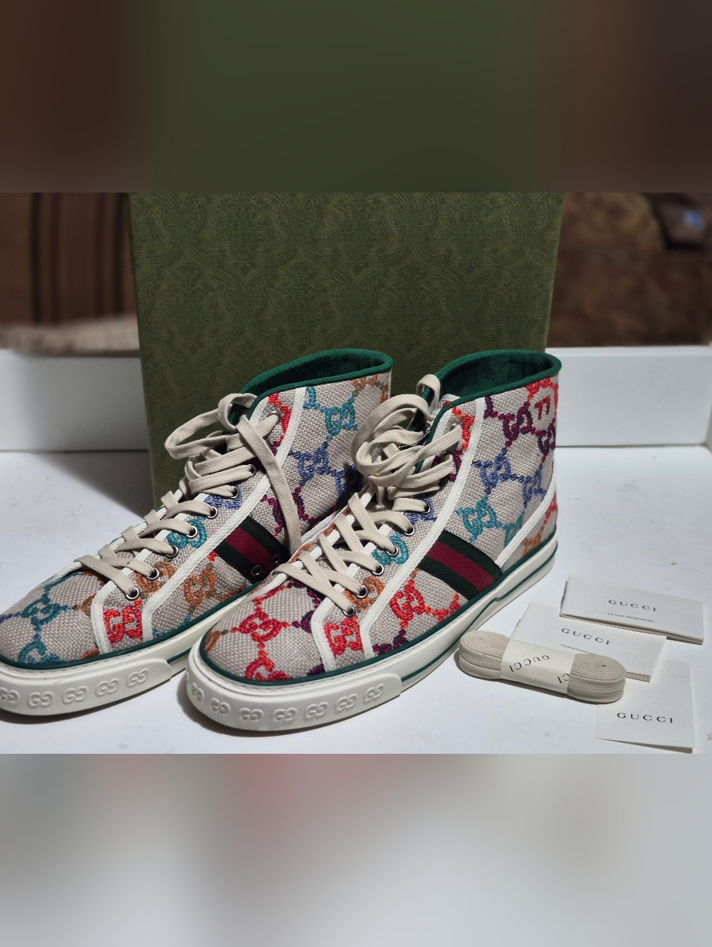 Gucci Multicolor GG Canvas High-Top Sneakers with Web Stripe